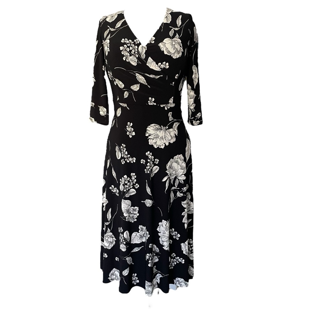 Lauren Ralph Lauren Floral-Print Midi Surplice Dress Black and White Sz: 4 NWT - Picture 2 of 15
